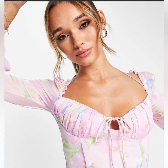ASOS Design Corset Top With Ruffle Shoulder In Pink Occasion Floral Print Size 4 - Picture 4 of 15